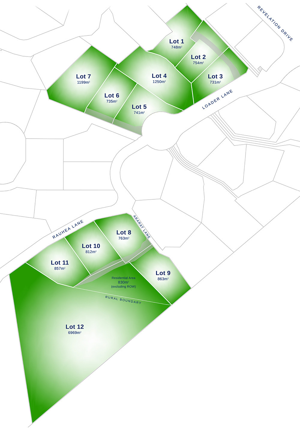 Illustration of the site plan showing two areas with a number of lots each as well as their square metre sizes. Some lots are beside Loader Lane, some are beside Rauhea Lane.